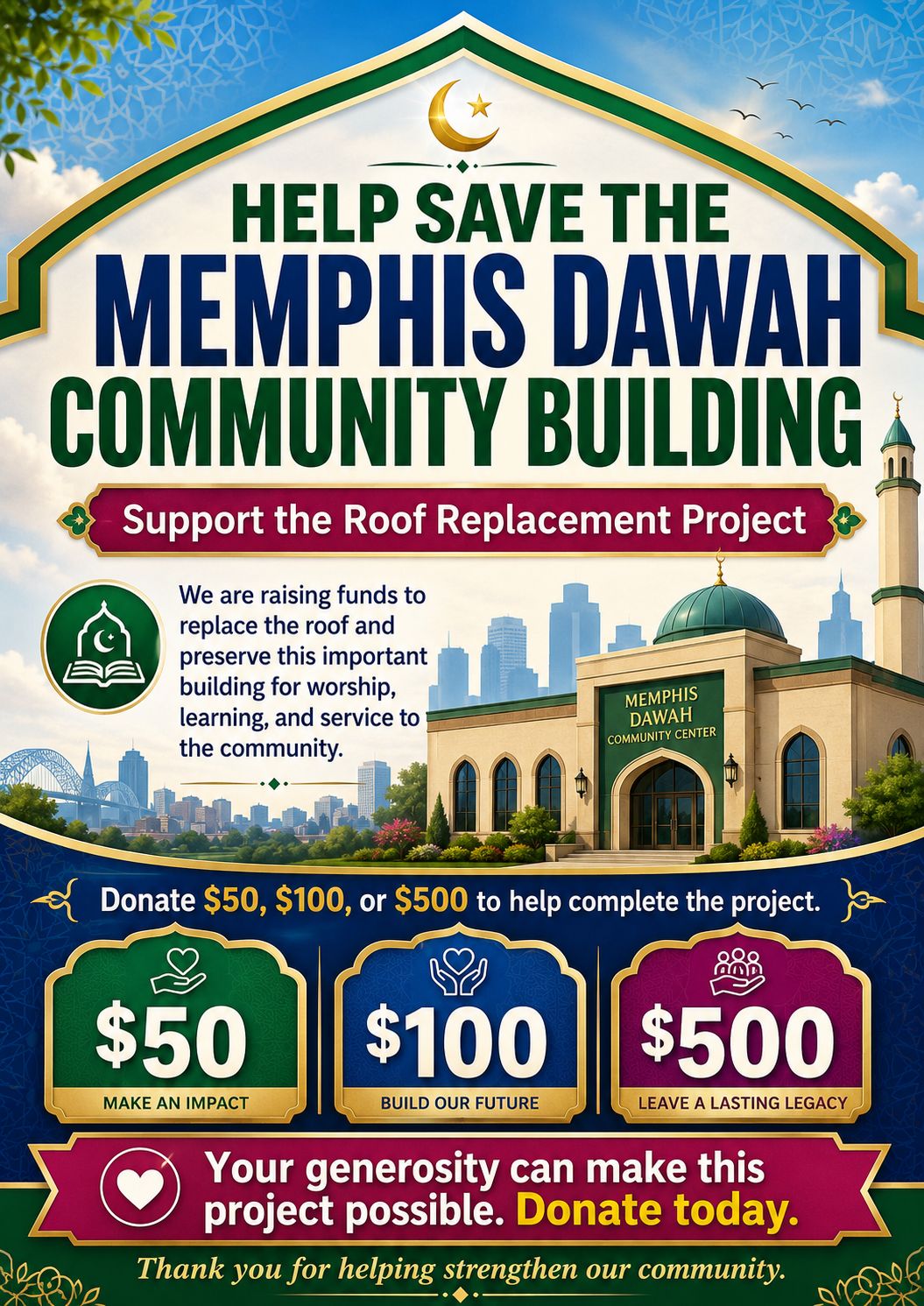 Help Save the Memphis Dawah Community Building roof replacement campaign